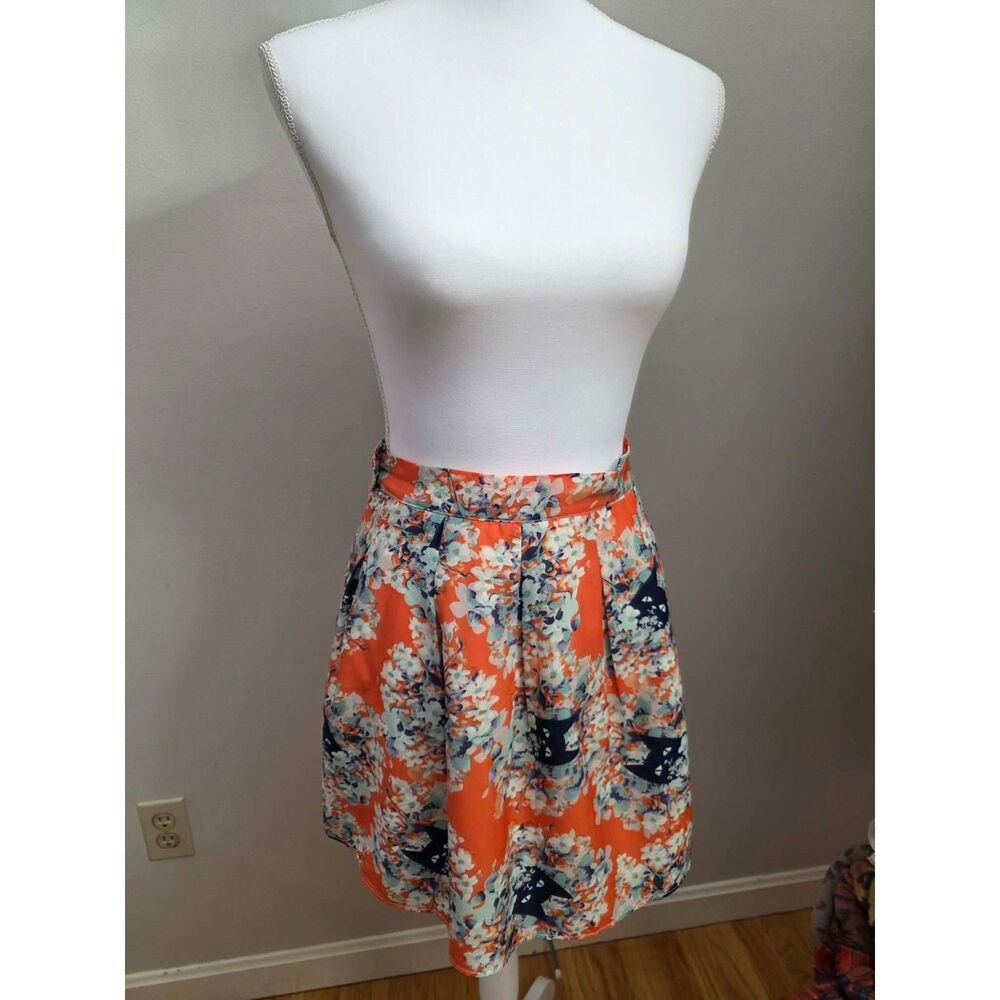 Story of Lola Cat Print Floral Pleated Skater Skirt Small Coral Orange Kitty